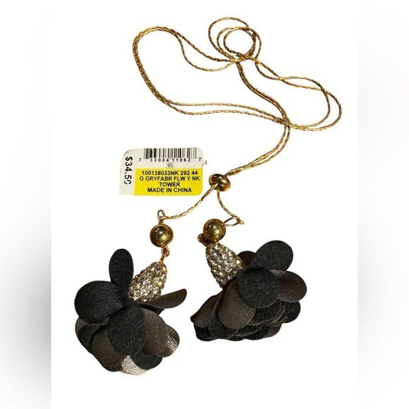 INC International Concepts Gold and black flower lariat Necklace - Picture 2 of 3
